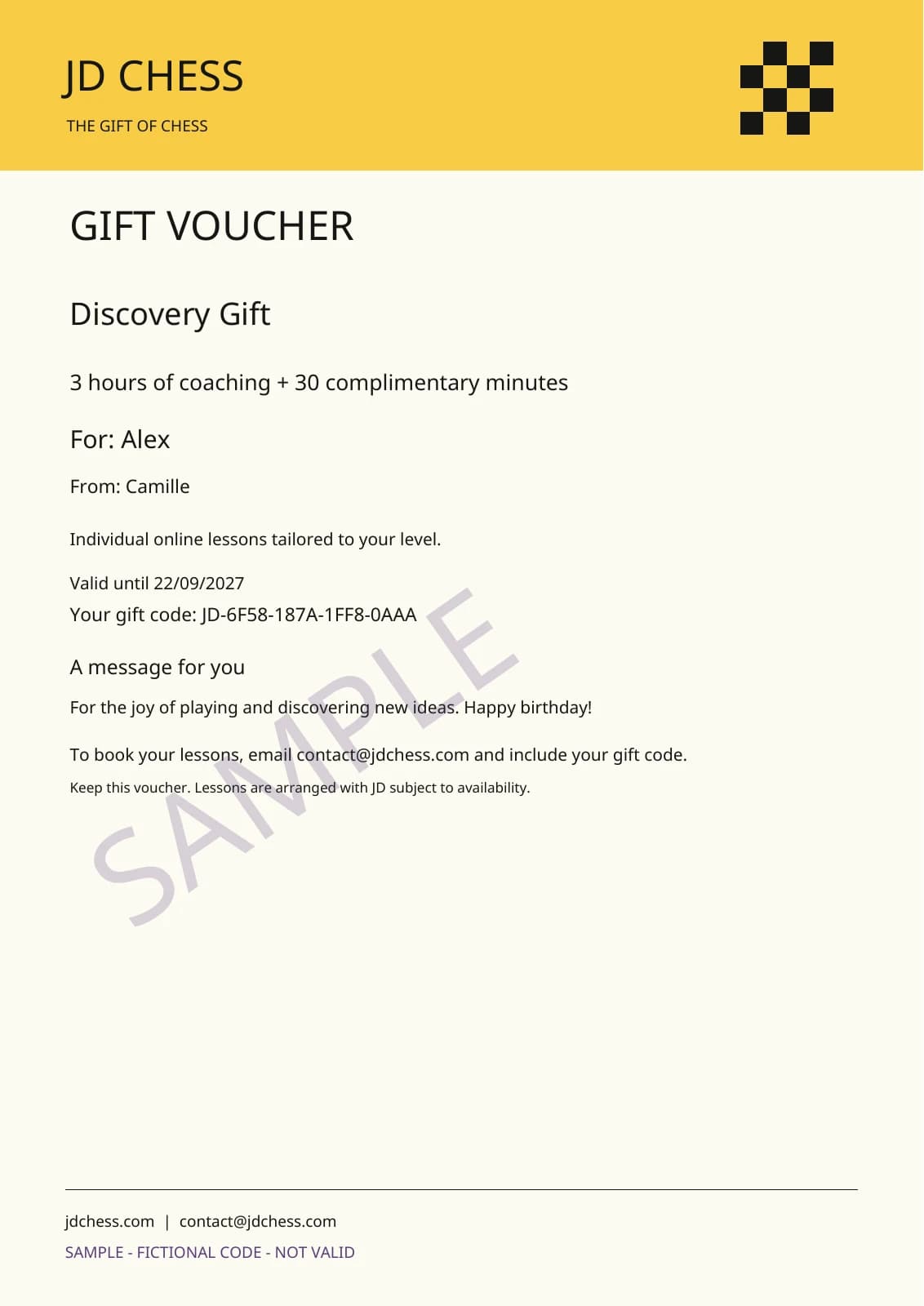 Sample Discovery Gift voucher for Alex from Camille, with a personal message and booking instructions. Marked SAMPLE, not valid.