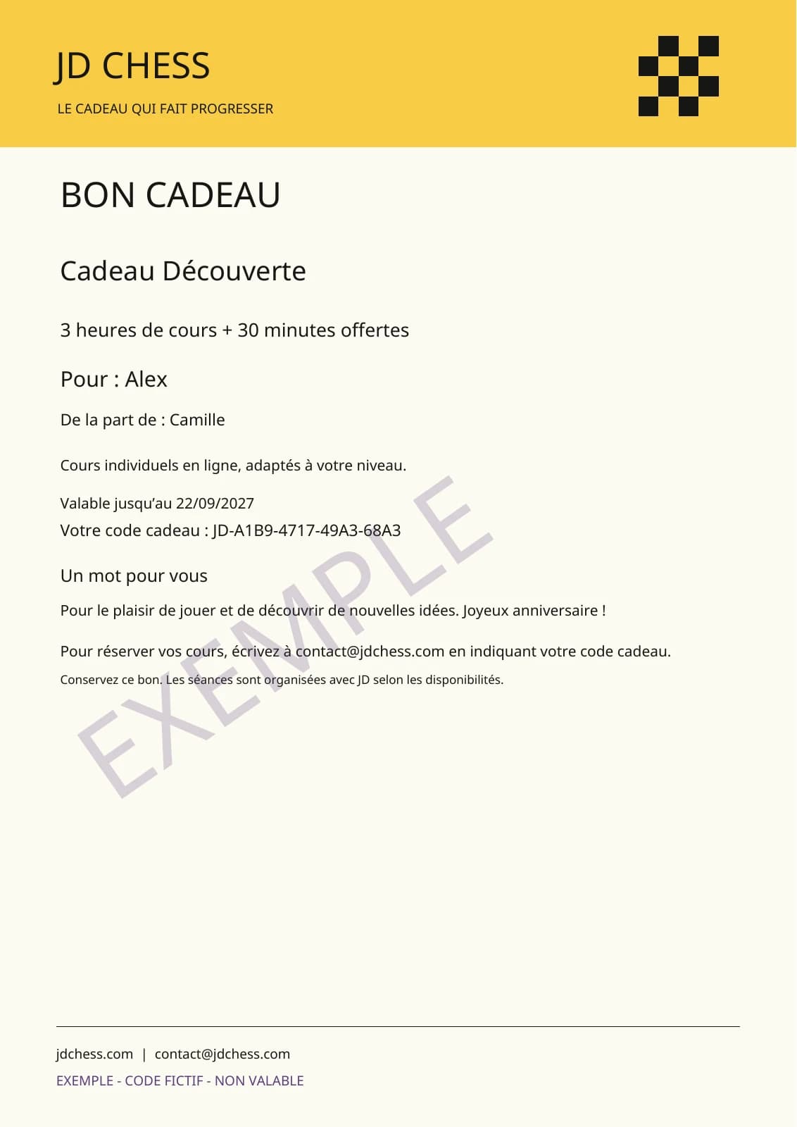 Exemple du bon Cadeau Découverte pour Alex, offert par Camille, avec message personnel et instructions de réservation. Marqué EXEMPLE, non valable.